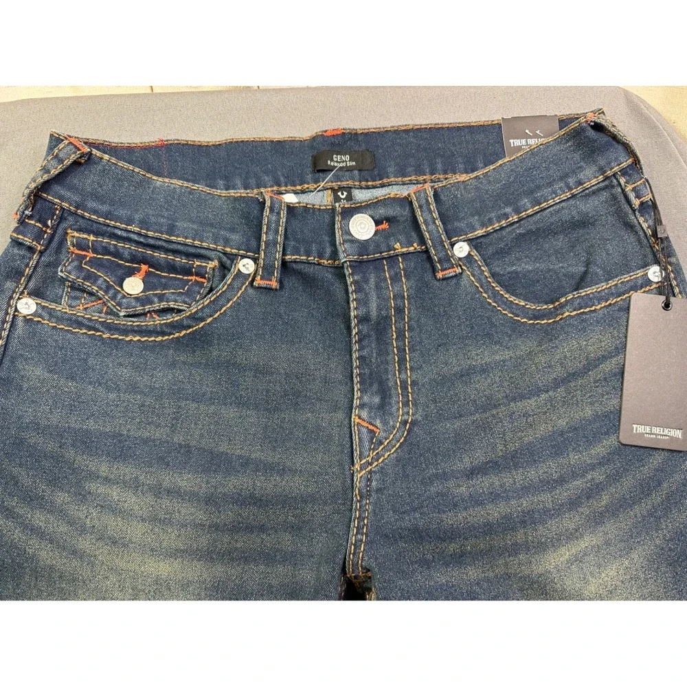 True‎ Religion Men Sz 34x32 Geno SN Flap Relaxed Slim Jeans Blue Denim Orange